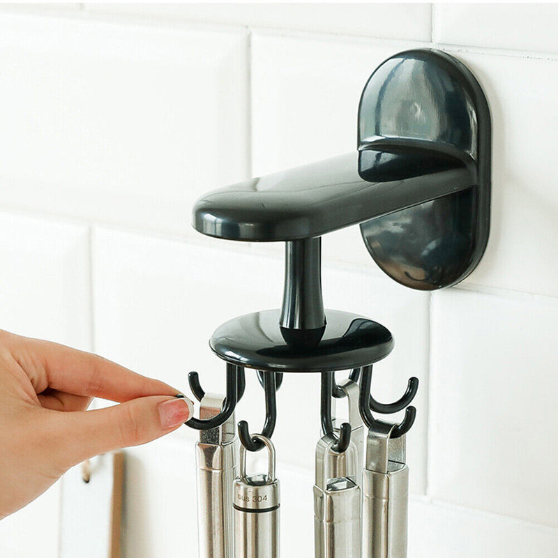 360 Degree 6 Hooks Kitchen Rotating Nail-free Holder Hanging Storage Rack