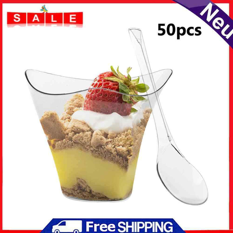 50pcs Clear Cup Kitchen Decor Cake Cup with Spoon Set for Tasting Pudding Yogurt