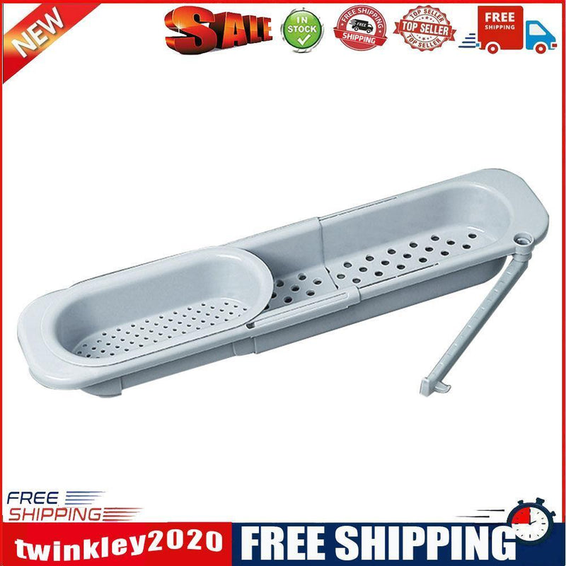 Telescopic Sink Shelf Soap Sponge Holder Drainer Storage Basket (Blue Gray)