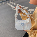 Women Canvas Pleated Armpit Bag Heart Pattern Casual Dumpling Bag (White)