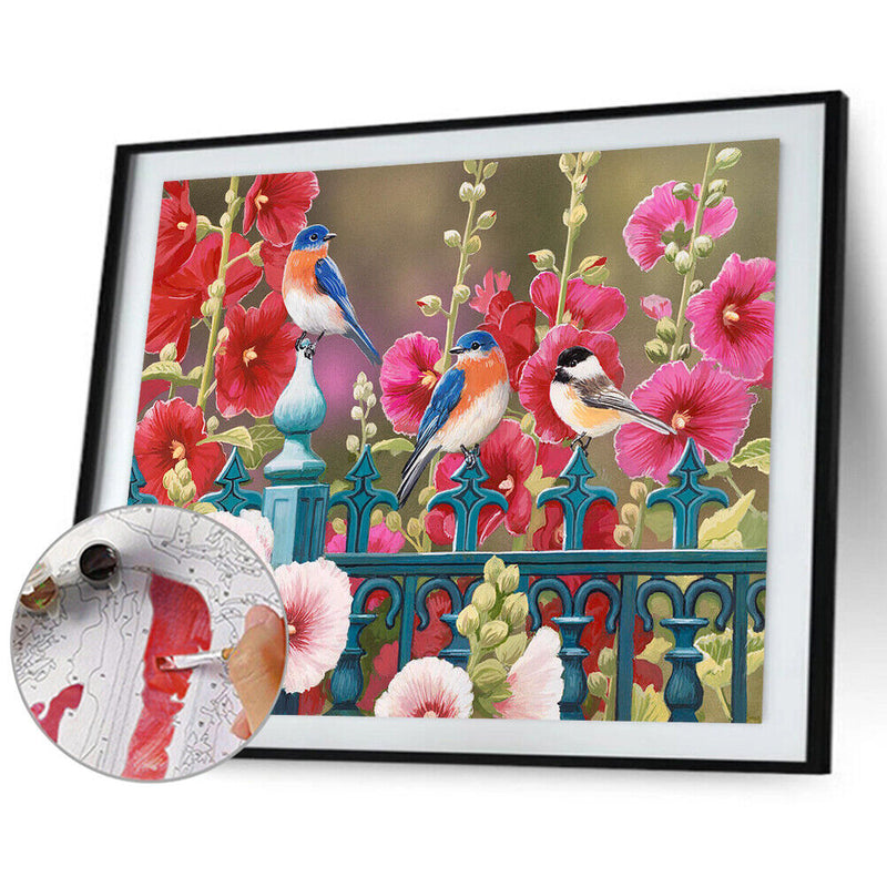 Fence Birds Flowers Oil Paint By Numbers Kit DIY Acrylic Painting on Canvas