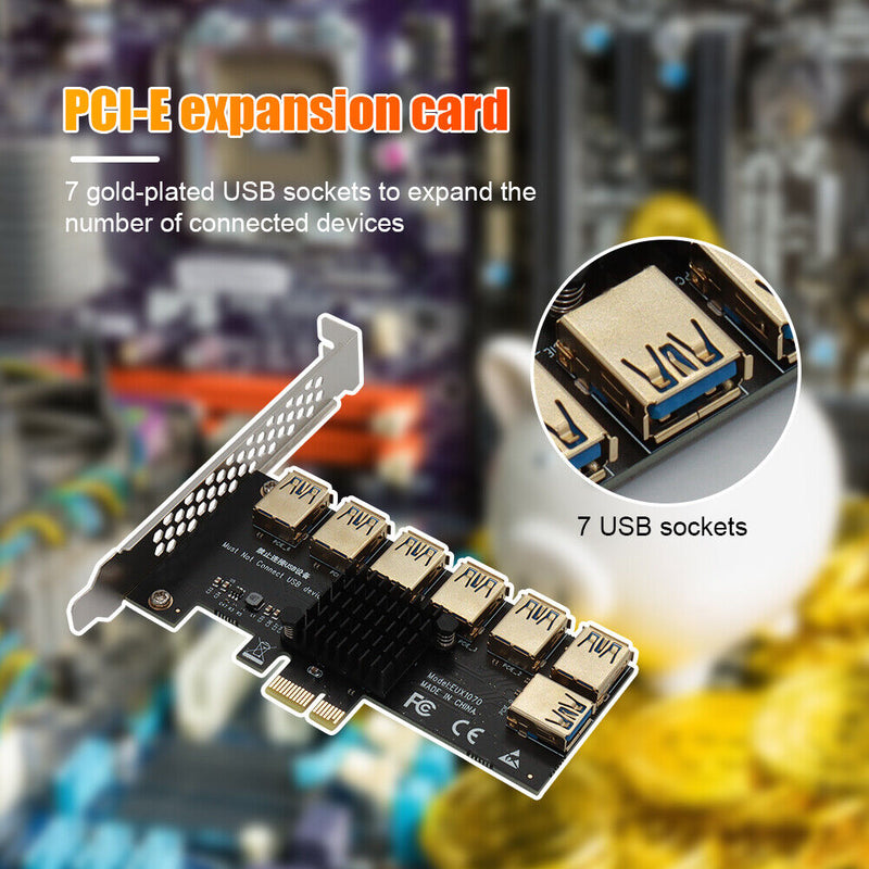 PCI-E 1x 1 to 7 Riser Card Adapter Multiplier PCI-Express USB 3.0 Converter