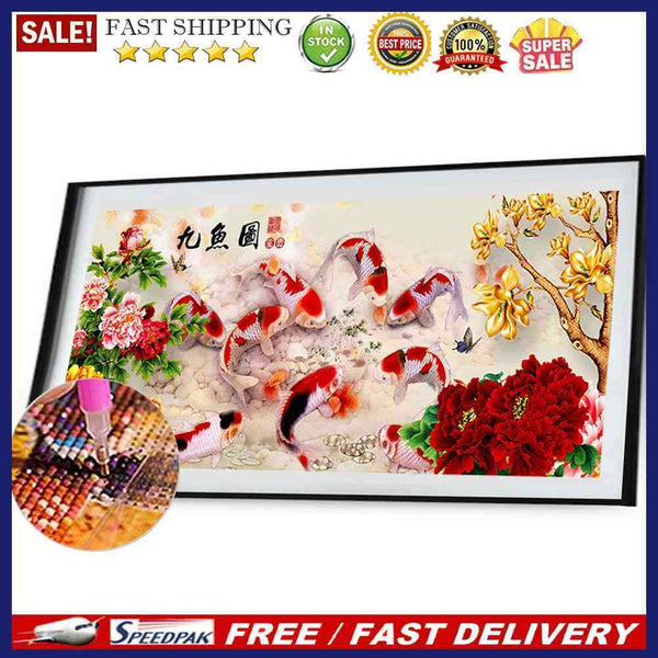 5D DIY Full Drill Diamond Painting Peony 9 Fishes Cross Stitch Embroidery