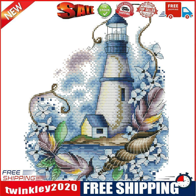 Cross Stitch Kit DIY Blue Lighthouse 14CT Stamped Needlework 22X29cm (F965)