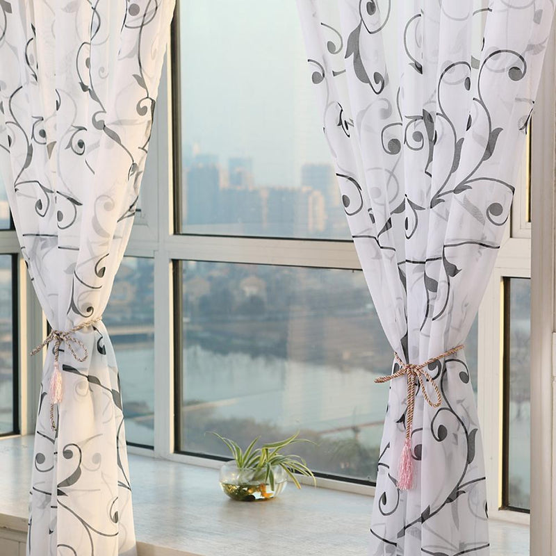 Transparent Voile Floral Print Curtains Bedroom Window Door Curtain (Black)