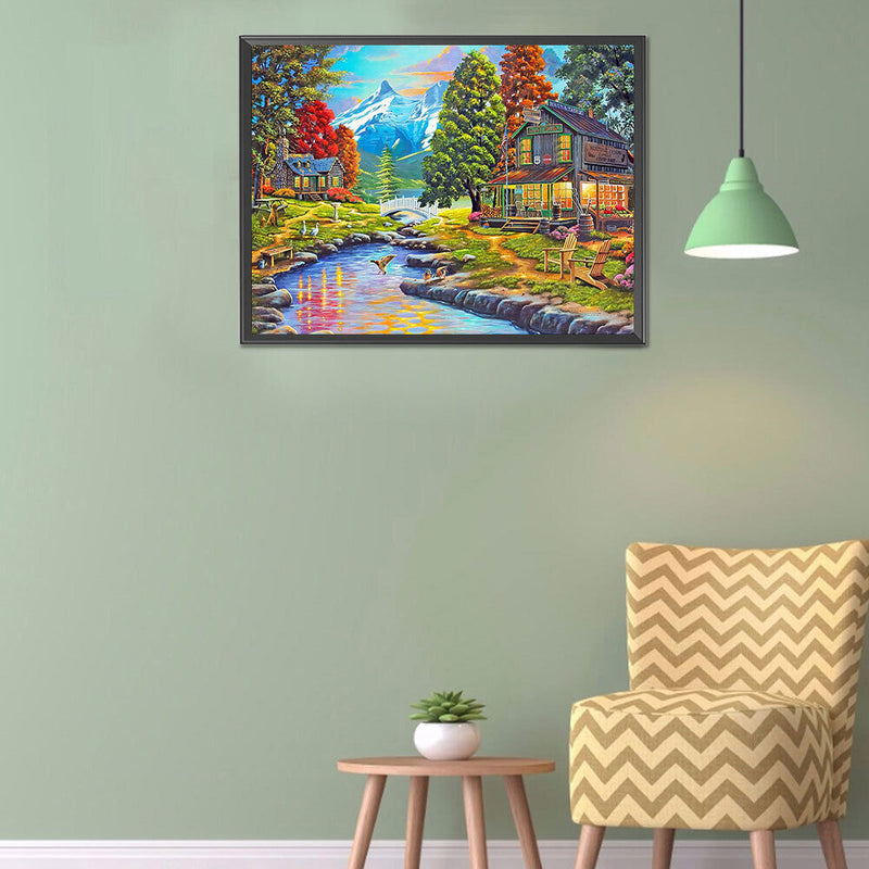 5D Diamond Painting Kit DIY river hut Full Round Drill Home Decoration