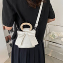 Sweet Bow Tie Mini Crossbody Bag Women Leather Wooden Handle Bucket Handbags
