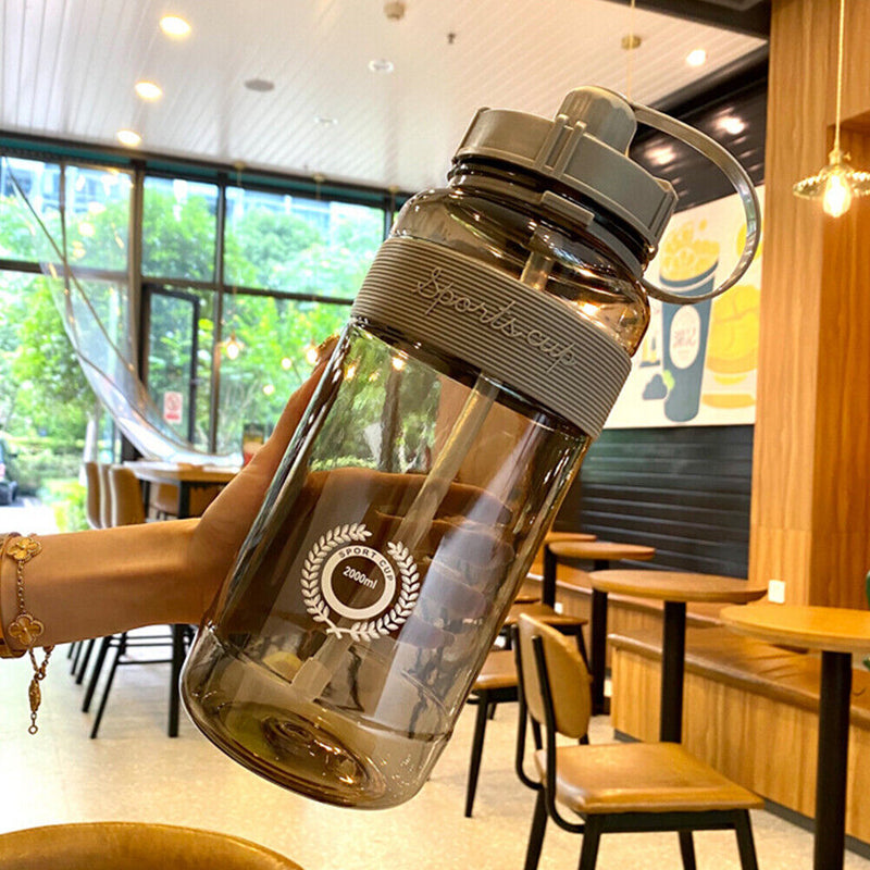 Portable Women Summer Gym Water Bottle Straw Large Capacity (Grey 2000ml)