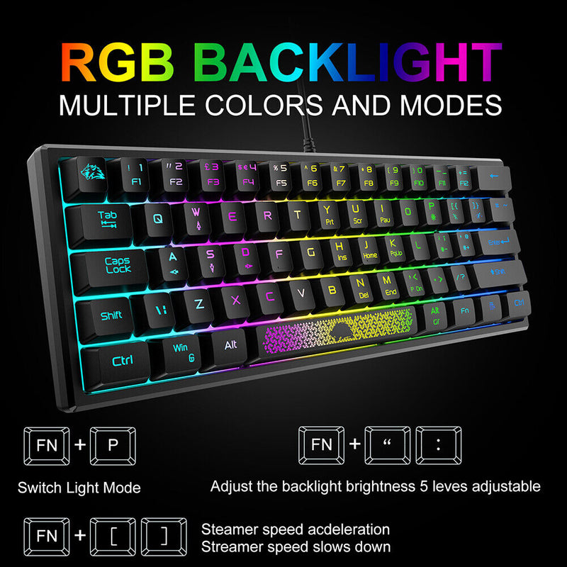 K61 RGB Wired Keyboard 60 Percent 62 Keys Ergonomic Gaming Keyboard (Black)