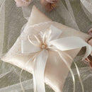 1x Wedding Ring Pillow Double Heart Rhinestone Satin Cushion With Ribbons L5J8