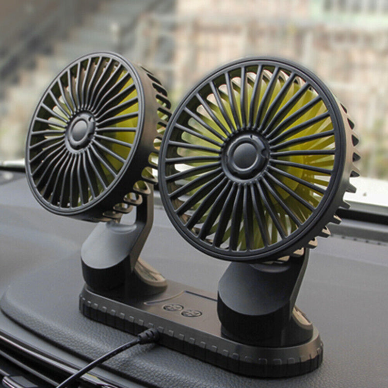 USB Powered Car Fan Multi-Angle Rotatable Dual Head 3-Speed Dashboard Dual Head
