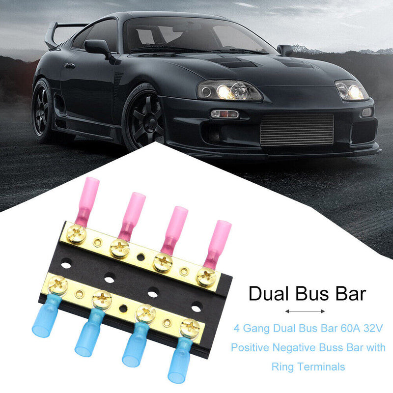 4 Gang Dual Bus Bar 60A 32V Positive Negative Buss Bar with Ring Terminals Newly