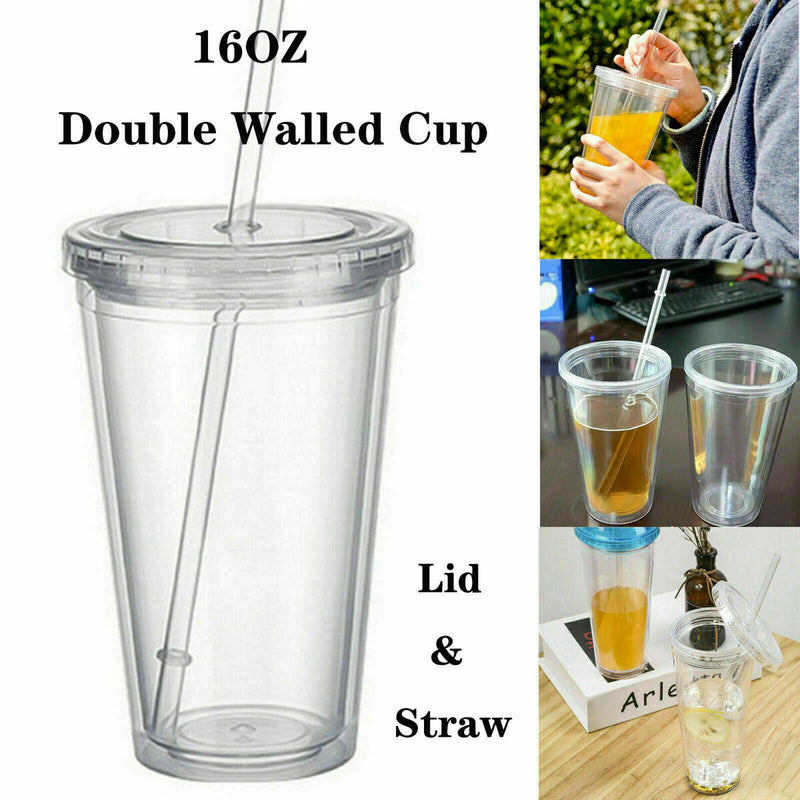 16OZ Double-Walled Cups Plastic Clear with Lid and Insulated 480ml Straw S0R4