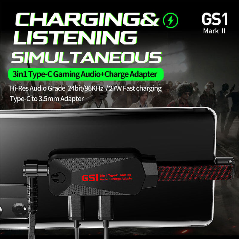 GS1 3 in 1 Type-C to 3.5mm Audio Cable Fast Charge Phone Game Sound Card Adapter