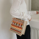 Women Linen Shoulder Bag Retro Ethnic Large Tassels Tote Handbag (Orange)