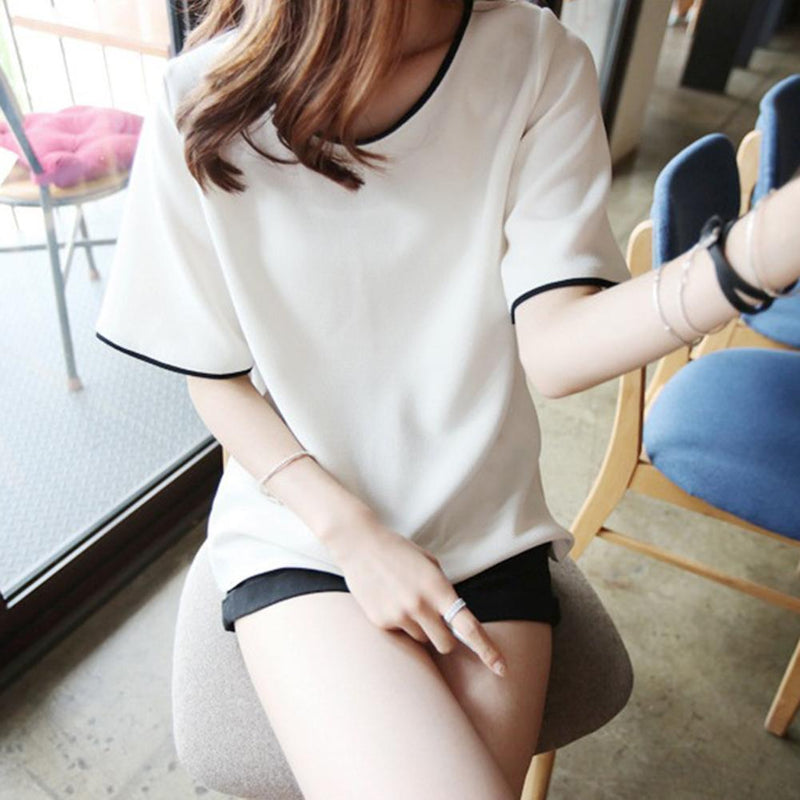 Women Bottom T-Shirt Solid Color Half Sleeve O-neck Tee Shirt (White M)