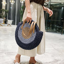 Women Color Patchwork Woven Round Straw Rattan Bag Shoulder Crossbody Handbag