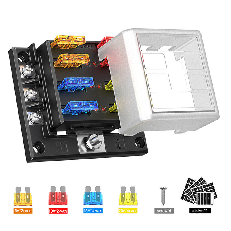 6-Way Blade Fuse Box Fuse Block Holder with Fuses for 12V 24V Car Marine Newly