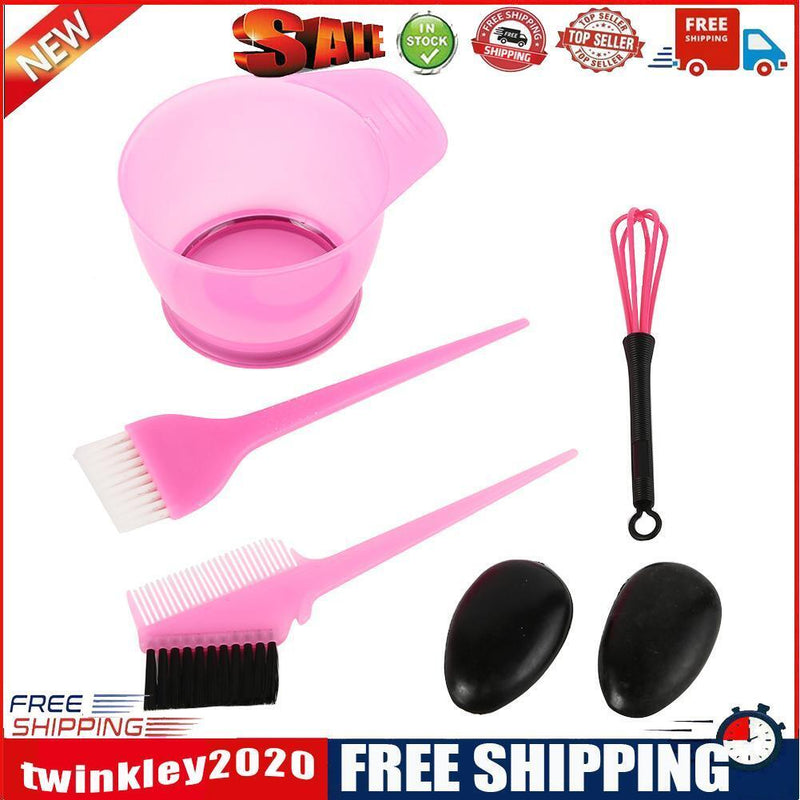5pcs Hair Dye Bowl +3 Brushes + 1 Ear Shield Combo Set Coloring Tint (Pink)