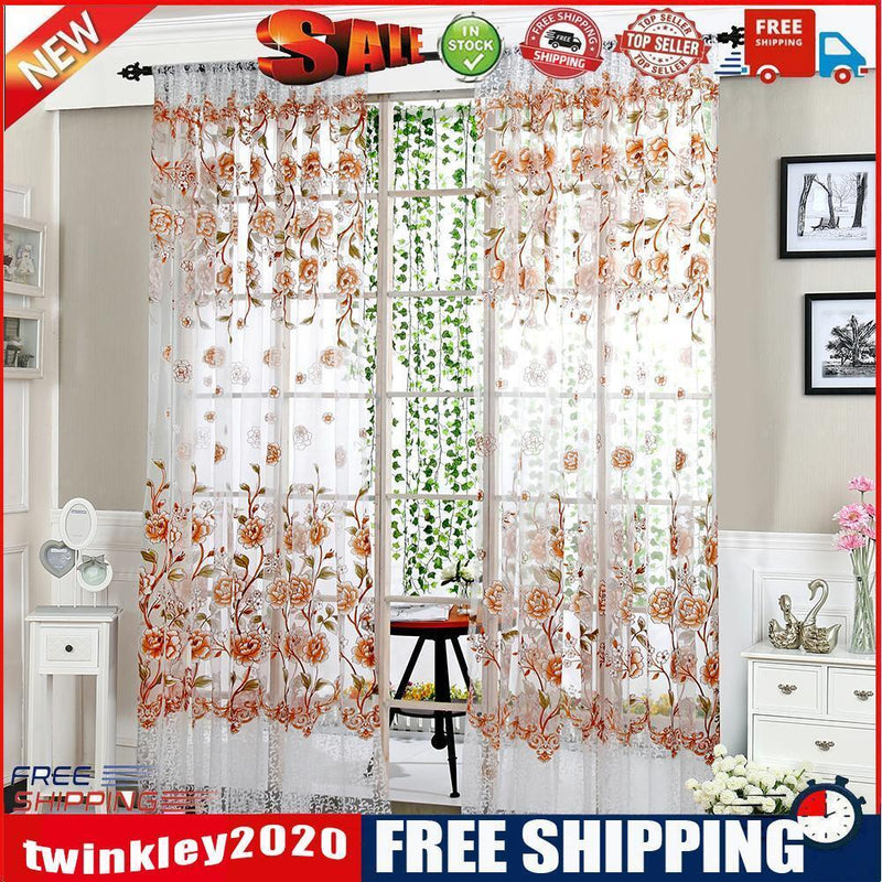 2PCS Peony Curtain Living Room Bedroom Home Door Window Curtain (Coffee)