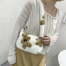 Retro Women Flower Print Shoulder Underarm Bag Winter Plush Purse (Khaki)