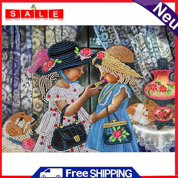 5D DIY Partial Special Shaped Drill Diamond Painting Two Little Girl Handmade