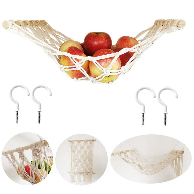 Hanging Fruit Hammock Fruit Basket with Hooks Under Cabinet (Beige 30x50cm)