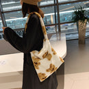 Fashion Women Flower Print Plush Shoulder Bag Winter Large Handbags (Khaki)