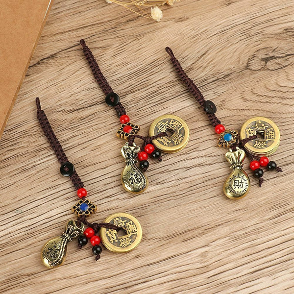Emperors Coins Lucky Wealth Pendant Chinese Brass Keyring Money Bag Keychain