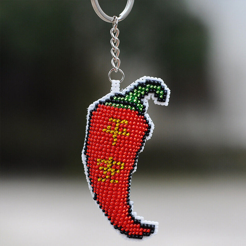 Chili Stamped DIY Full Bead Cross Stitch Keychain Handmade Craft Printed Gifts
