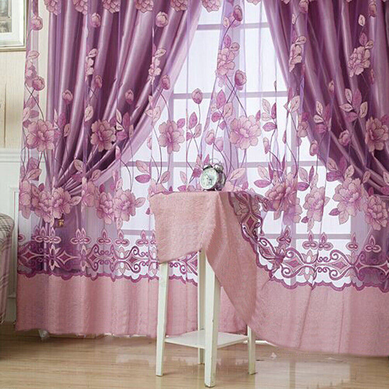 Floral Tulle Voile Window Screening Shading Window Curtain (Light Purple