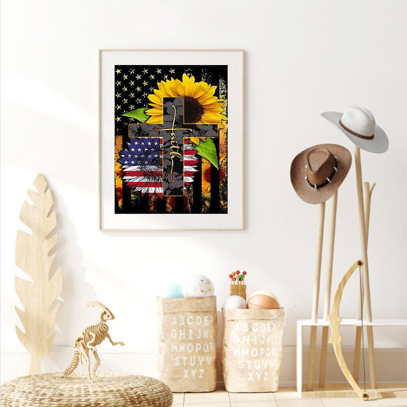 5D DIY Full Round Drill Diamond Painting Flag Flower on Cross Handmade Art Craft