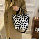 Women Soft Warm Plush Cow Pattern Handbags Female Travel Fluffy Underarm Bags