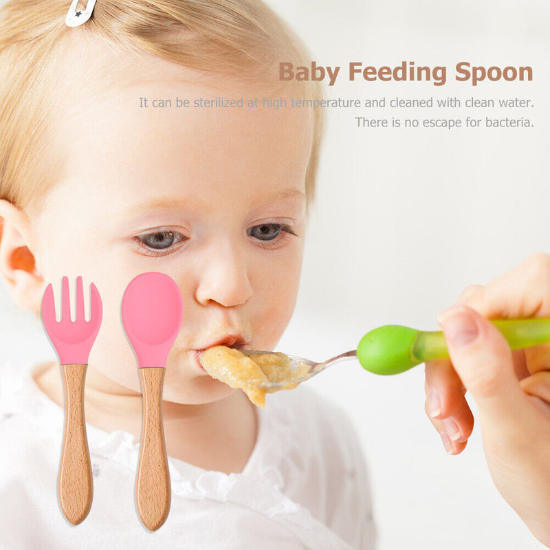 Baby Wooden Silicone Feeding Spoon Toddlers BPA-free Tableware (14) Newly