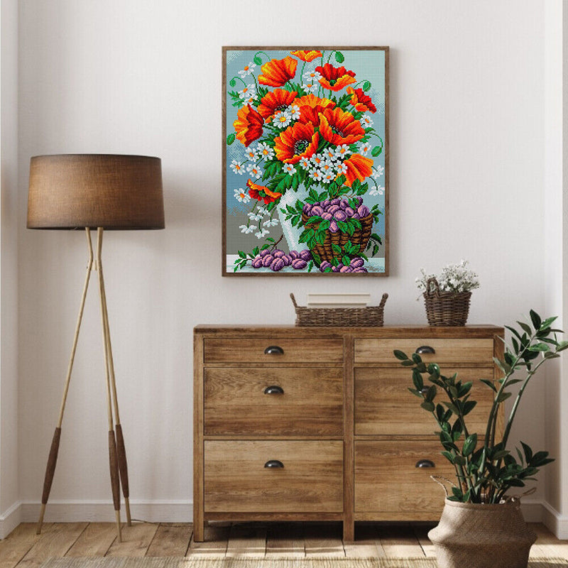 Full Cross Stitch 11CT Cotton Thread DIY Red Flower Printed Embroidery Kits