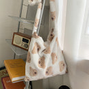 Fashion Bear Print Shoulder Bag Casual Women Large Capacity Street Plush Handbag