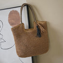 Female Large Capacity Woven Portable Shoulder Bag Handmade Straw Tote Handbag