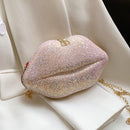 Women Sequins Lip Shape Messenger Bag Metal Chain Crossbody Bag (Pink)