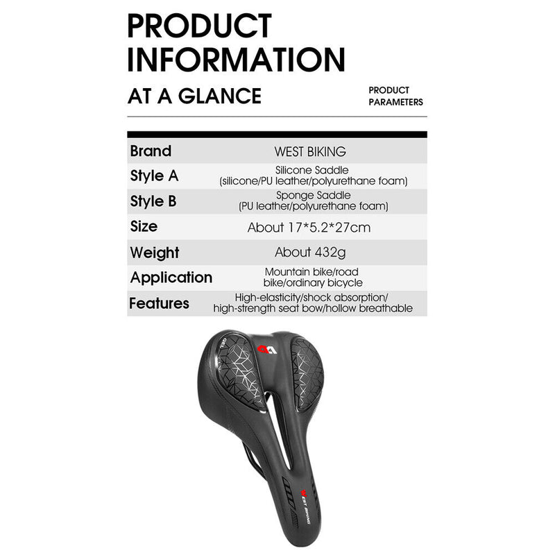 WEST BIKING Bike Saddle MTB Mountain Silica Seat Gel Cycling Shockproof Cushion
