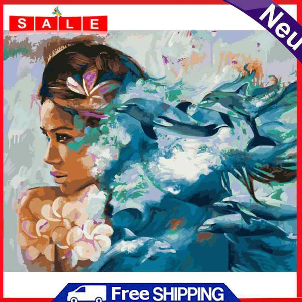 Girl and Dolphin Oil Paint By Numbers DIY Acrylic Painting on Canvas Drawing Kit