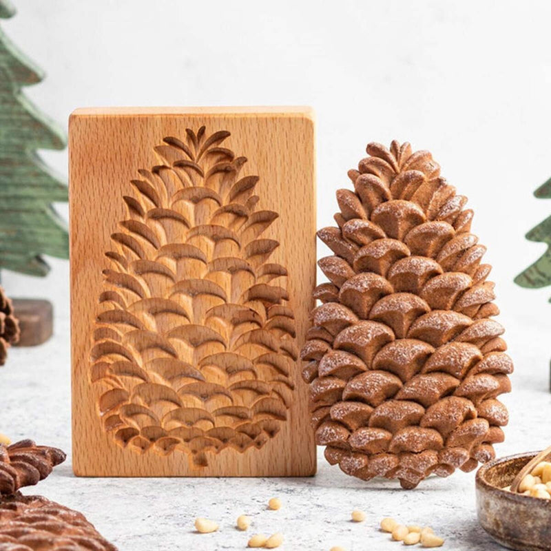 Wooden Cookie Mold Flower Pine Cone Shape Carved Stamp for Biscuit Baking Too