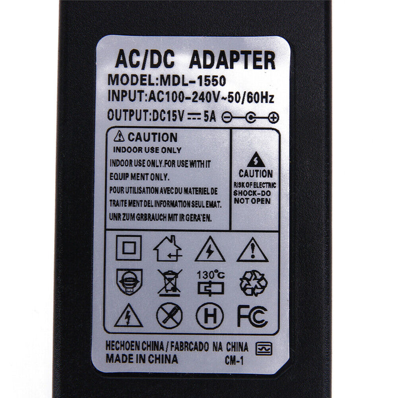 15V 5A AC to DC Power Adapter Dual Cable Converter Universal 5.5x2.1-2.5mm