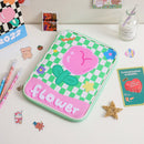 Girl Cartoon PU Checkerboard Pattern Tablet Case Zipper Clutch (Green) Newly