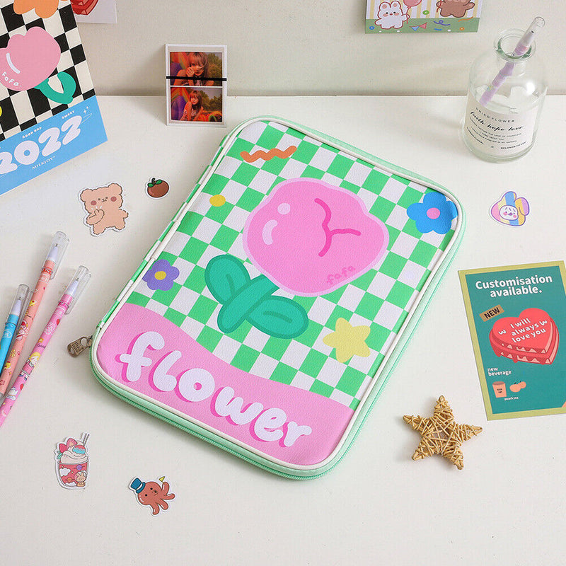 Girl Cartoon PU Checkerboard Pattern Tablet Case Zipper Clutch (Green) Newly