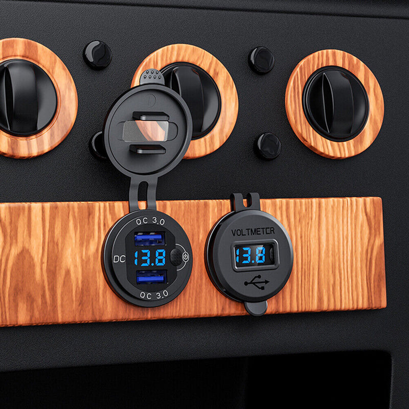 L4 Car Dual USB Charger QC3.0 USB Power Outlet w/ Voltmeter+ Switch (Black)