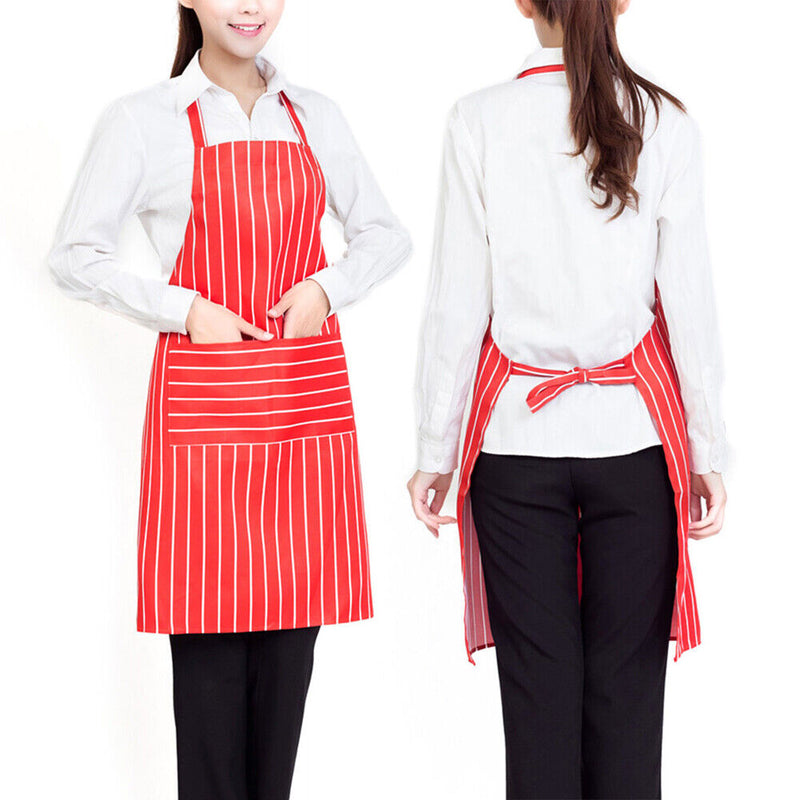 Plain Stripe Kitchen Apron with Front Pocket Chefs Cooking Baking (Red)
