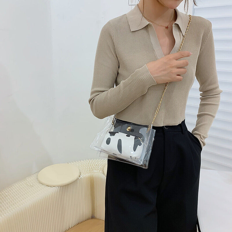#A 2pcs Transparent PVC Shoulder Bags Women Print Clear Chain Messenger Handba