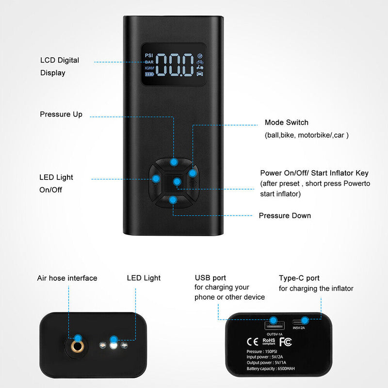 72PSI Rechargeable Bicycle Electric Air Pump Digital Display Car Inflator Newly