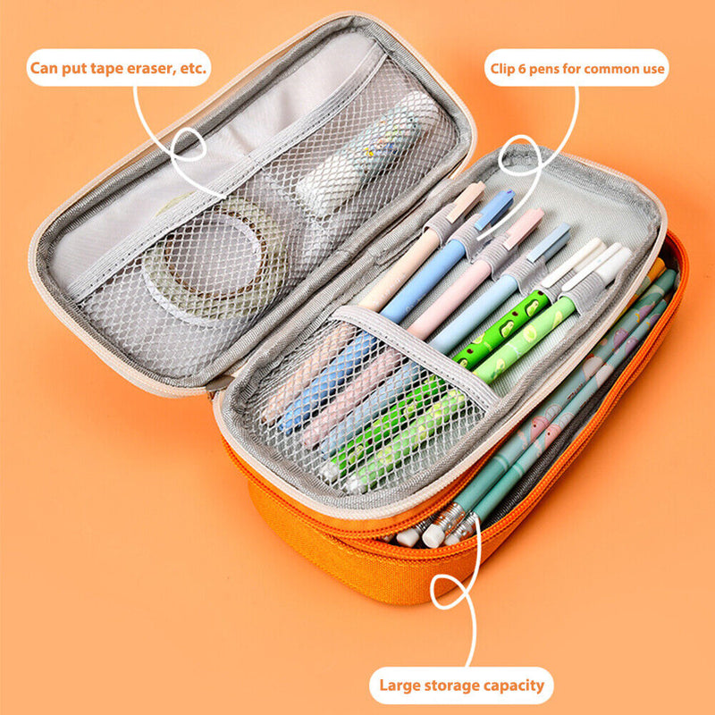 Canvas Pencil Case Double Layer Large Capacity Stationery Pen Box (Yellow) Newly