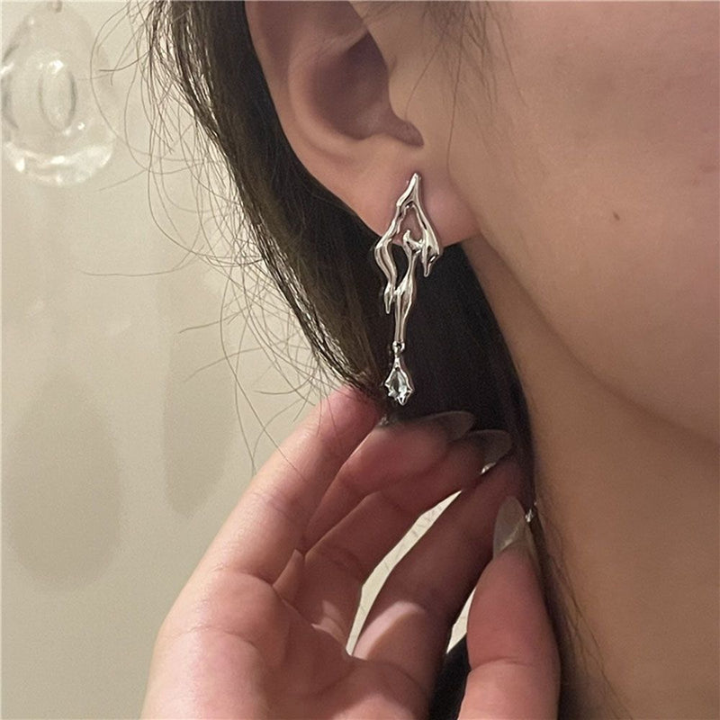 Woman Man Irregular Asymmetrical Cool Geometric Earrings Zircon Liquid Metal